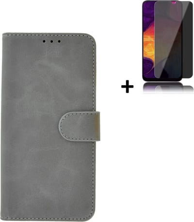 Hoesje Geschikt voor Samsung Galaxy A03s - Screenprotector A03s - Wallet Bookcase Grijs + Privacy Screenprotector