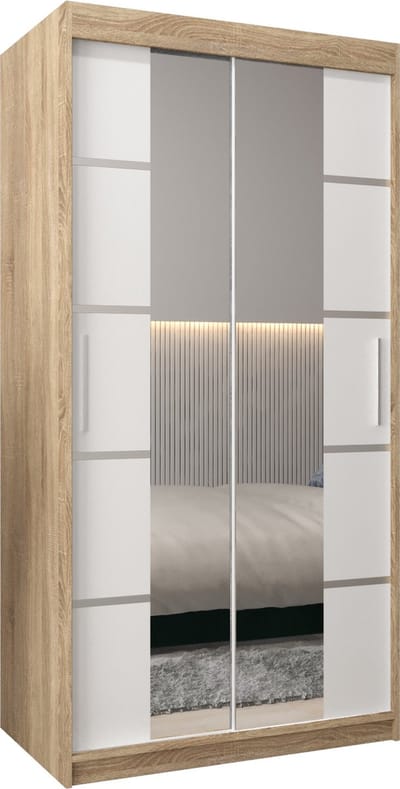 InspireMe - Kledingkast met 2 schuifdeuren, Modern-stijl, Kledingkast met planken (BxHxD): 100x200x62 - VENTILA IV 100 Sonoma Eik + Wit Mat