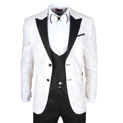 Heren 4-delige Witte Paisley Trouwrroch Tailor Fit