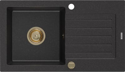 Mexen Pablo granieten gootsteen 1-komor met afdruiprek 752 x 436 , zwart/zilveren metallic, gouden sifon - 6510751010-73-G