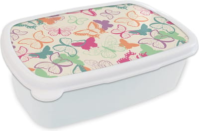 Broodtrommel Wit - Lunchbox - Brooddoos - Vlinders - Patronen - Insecten - 18x12x6 cm - Volwassenen
