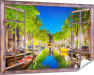 Gards Tuinposter Doorkijk Amsterdamse Gracht in de Nacht - 150x100 cm - Tuindoek - Tuindecoratie - Wanddecoratie buiten - Tuinschilderij