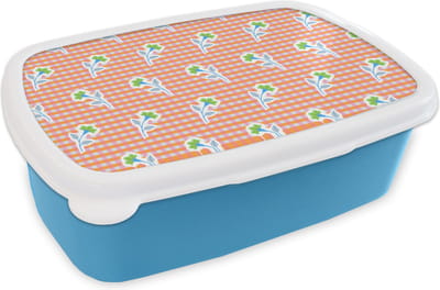 Broodtrommel Blauw - Lunchbox - Brooddoos - Bloemen - Ruiten - Patroon - 18x12x6 cm - Kinderen - Jongen