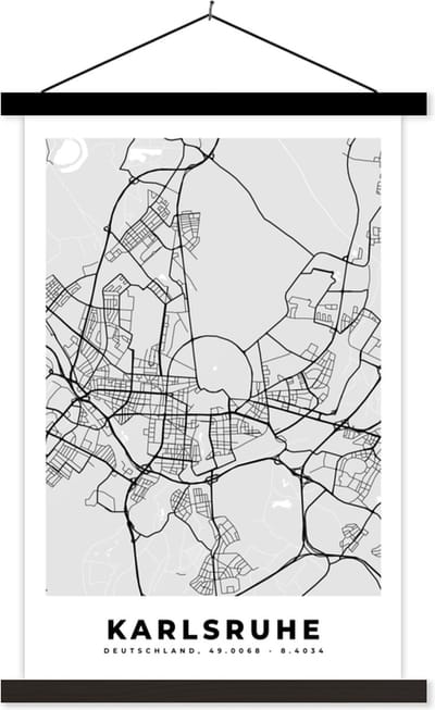 Posterhanger incl. Poster 40x60 cm - Schoolplaat - Stadskaart - Kaart - Karlsruhe - Plattegrond - Duitsland - Textielposter - Zwarte latten - Stadskaart