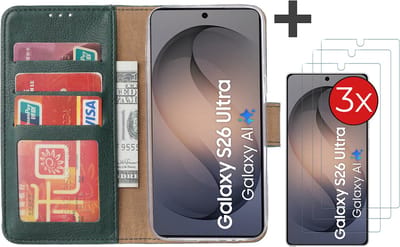 Hoesje met 3 Stuks Screenprotectors Geschikt voor Samsung Galaxy S26 Ultra – Arara bookcase met pasjeshouder - Groen