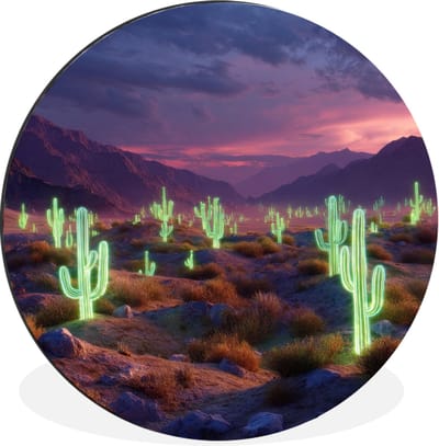 WallCircle - Wandcirkel - Muurcirkel - Neon cactussen - Woestijn - Zonsondergang - Aluminium - Dibond - 30x30 cm - Binnen en Buiten