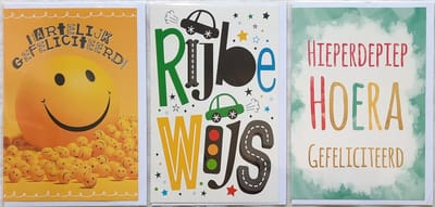 3 Wenskaarten - Rijbewijs + Hartelijk Gefeliciteerd + Hieperdepiep Hoera Gefeliciteerd – 12 x 17 cm – RIJB-304