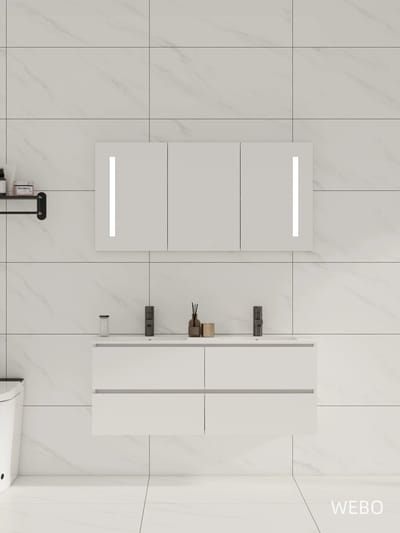 120cm Badmeubel WEBO Paris Compleet Geleverd Wit inclusief spiegelkast met verlichting en zwarte kraan en afvoer