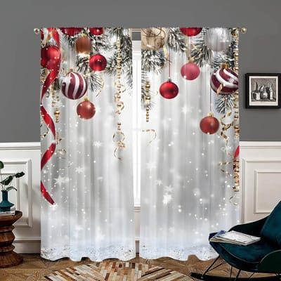 2 stuks, Kerst dennentak gekleurde ballengordijnen - semi-verduisterend - geschikt voor woonkamer, slaapkamer, keuken, huisdecoratie W150CM H166CM&Rod pocket white