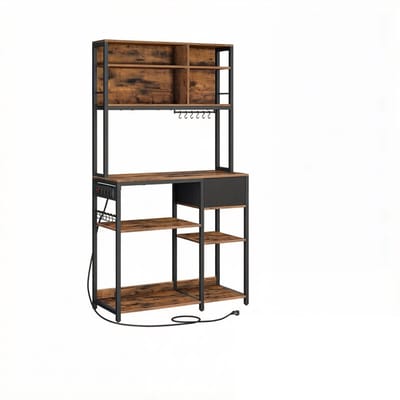 Keukenopbergrek 40x100x180,2 cm Bruin+Zwart Met open opbergvakken, stopcontact, verstelbare planken, stoffen lade, 12 haken en ruim werkblad Eenvoudig te monteren en schoon te maken Stevig en duurzaam frame Voor keuken en woning