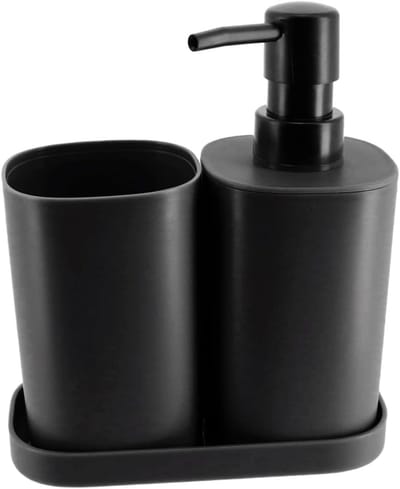 Famanu Badkamerset - Set van 3 badkameraccessoires: dispenser, zeepschaal, borstelhouder (zwart, polypropyleen, modern)