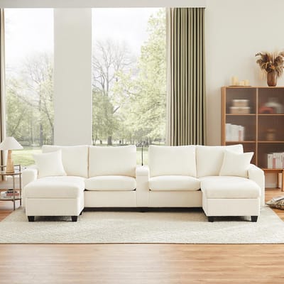 BLACKCOLORS U-vormige bank in corduroy met 2 krukken, leeslamp, neerklapbaar dienblad, bekerhouder en USB/Type-C, armleuningen aan beide zijden met decoratieve ledverlichting, beige, afmetingen: 334 x 128,5 x 81 cm.
