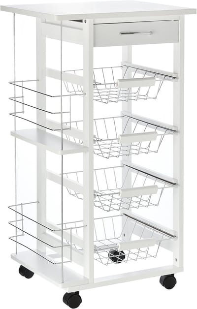 Killogood Verrijdbare keukenbijzettafel met lade - 4 manden en zijplanken - 47x37x83cm - wit