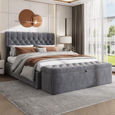 Opbergbank - Voetenbank Poef - Woonkamer Opbergen - Zachte Velours Bekleding - 138x41x42cm - Grijs