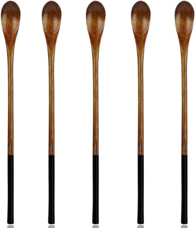 Set van 5 Houten Lepels met Lange Handgreep - Ideaal voor Roeren van Honing, IJs en Dranken