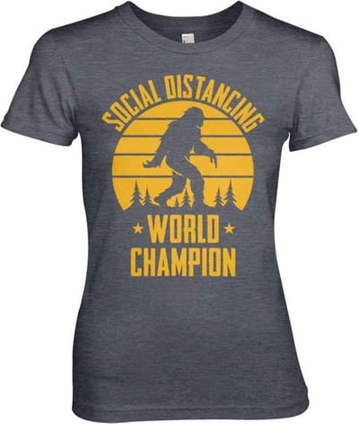 Dames Fun Tshirt -S- Social Distancing World Champion Grijs