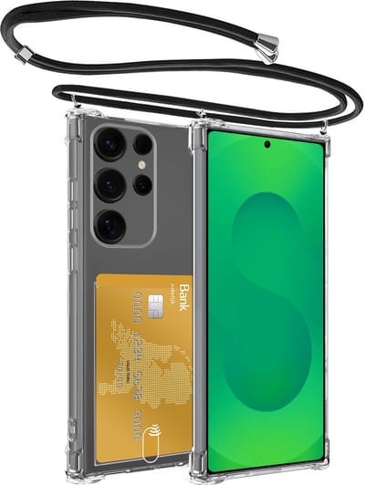 Hoes Geschikt voor Samsung S25 Ultra Hoesje Pas Houder Shock Proof Case Hoes Met Koord - Hoesje Geschikt voor Samsung Galaxy S25 Ultra Hoes Met Telefoonkoord Pasjeshouder Cover - Transparant