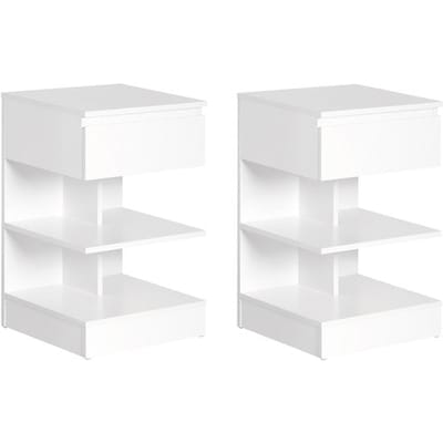 SoBuy Lot de 2 Bijzettafel, Nachtkastje met 1 Lade & 3 Legplanken, Scandinavisch Design Salontafel voor Woonkamer of Slaapkamer, Wit, 39x65x39cm, FBT49-Wx2
