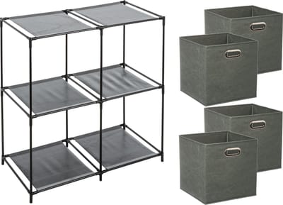 5Five Kastmandjes/opberg manden - olijfgroen - 4x stuks van 29 Liter - Metalen rekje is 67 x 68 cm
