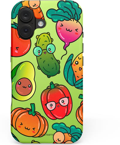 Casetastic hoesje geschikt voor Apple iPhone 16 - MagSafe - Dubbellaagse bescherming - Cartoon Groente Mix - Fashion Case - Olijfgroen Goud Oranje Rood