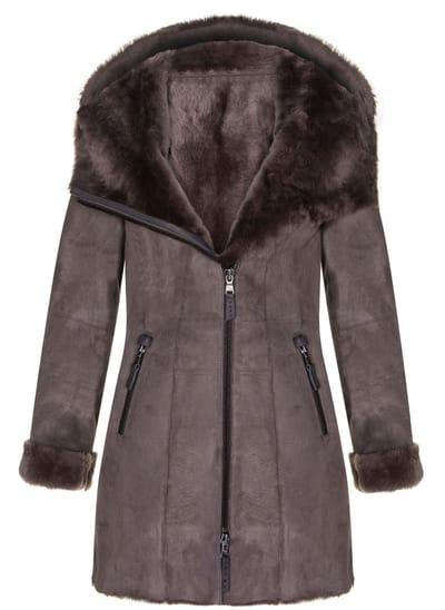 Dames merino schapenvacht jas met capuchon-antiek