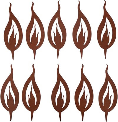 UNUS Tuinsteker, vlammen, set van 10, decoratieve metalen tuindecoratie in roestlook, weerbestendig, ideaal voor bloembed, gazon en plantenbakken, 5 cm