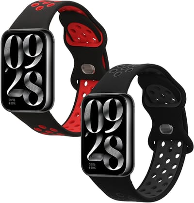 kwmobile 2x horlogebandjes geschikt voor Xiaomi Smart Band 8 Pro / Band 9 Pro / Redmi Watch 5 / Redmi Watch 4 bandje - Smartwatch bandjes van TPU - Activity tracker horloge band in zwart / grijs / zwart / rood
