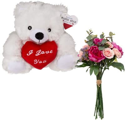 Valentijnscadeau - Beertje en bloemenboeket - kunstbloem - cadeau - romantisch
