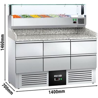 GGM Gastro Pizzakühltisch PREMIUM - 1400x700mm - mit 6 Schubladen 1/2 - inkl. Kühl-Aufsatzvitrine 6x GN 1/4
