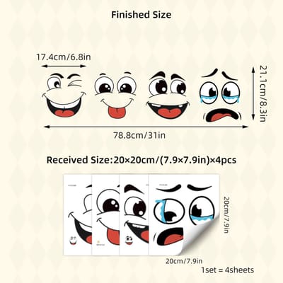 Cartoon Face Stickers Set – Zelfklevende Decoratiestickers – 4 Vellen – Geschikt voor prullenbak, toilet of andere gladde oppervlakken – plastic Oppervlak