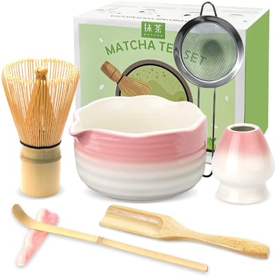 Dailygoods- Matcha Bezemset 7-delig - Bamboe Bezem - Keramische Schaal met Schenktuit - Matcha Zeef - Theelepels - Perfect voor Matcha-liefhebbers - Matcha Set