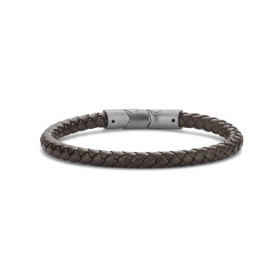 Frank 1967 7FB-0621 Leren Rond Gevlochten Armband - 21cm - 1cm Verstelschakel - 6mm Dikte - Staal Slot - Bruin -Vintage Look slot