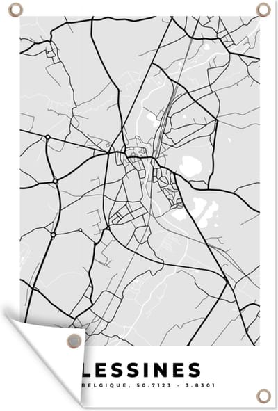 Muurdecoratie Stadskaart – Plattegrond – België – Zwart Wit – Lessines – Kaart - 120x180 cm - Tuinposter - Tuindoek