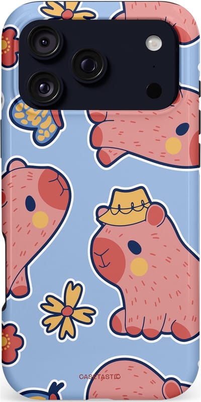 Casetastic hoesje geschikt voor Apple iPhone 17 Pro Max - MagSafe - Dubbellaagse bescherming - Capibara geluk - Fashion Case - Lichtblauw Perzik Grijs Koraal