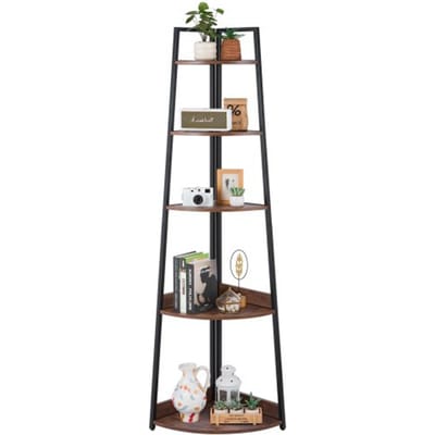 VEVOR 5-laags hoekschap, hoge hoekstandaard voor planten, displayplank, opbergrek met metalen frame en houten planken, staande plank, tentoonstellingsboekenplank voor slaapkamer, woonkamer, kantoor, bruin