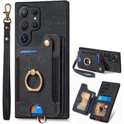 Telefoonhoesje met Polsband voor Samsung Galaxy S24 S23 FE S25 S22 Ultra Plus A16 A06 A36 A56 A55 Ringhouder Portemonnee Kaartsleuf Cover Galaxy A55 5G black