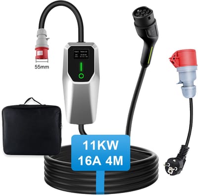 Junsun Type 2 EV Mobiele Thuislader Laadkabel (met aarding) - 3.5/11kW 1/3 fase (6-16A)- 6A/8A/10A/13A/16A instelbare stroom | 4 meter Laadkabel - 400V EV-oplader - Voor Elektrische Auto's - Schuko-stekker & CEE-stekker
