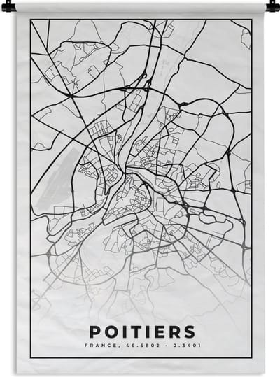 Wandkleed - Wanddoek - Plattegrond - Kaart - Poitiers - Frankrijk - Stadskaart - Zwart wit - 120x180 cm - Wandtapijt