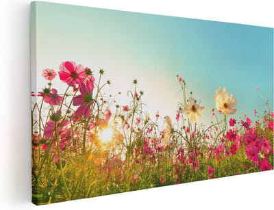 Artaza Canvas Schilderij Bloemen - 40x20 cm - Klein - Wanddecoratie Bloemenveld - Muurdecoratie Zonsondergang - Schilderijen Op Canvas