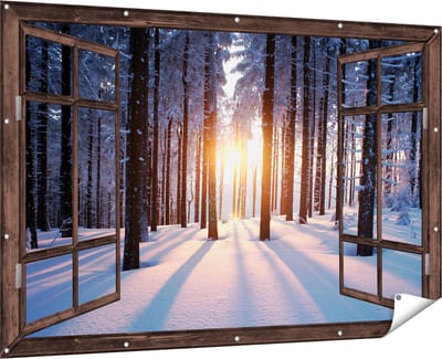 Gards Tuinposter Doorkijk Bos met Sneeuw tijdens de Zonsondergang - 180x120 cm - Tuindoek - Tuindecoratie - Wanddecoratie buiten - Tuinschilderij