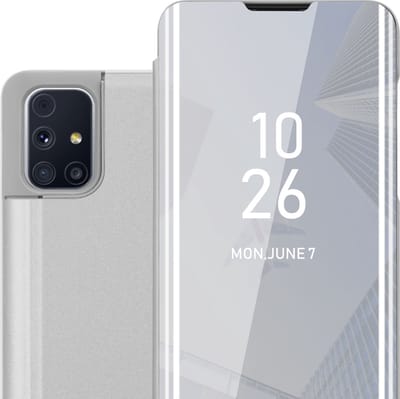 Cadorabo Hoesje geschikt voor Samsung Galaxy M31s in AGAAT ZILVER - Clear View Spiegel Beschermende Case met Tribunefunctie 360 Graden Bescherming Book Case Cover Etui