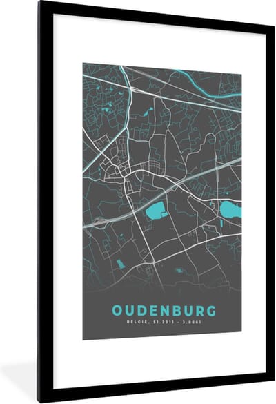 Fotolijst incl. Poster - Stadskaart – Grijs - Kaart – Oudenburg – België – Plattegrond - 60x90 cm - Posterlijst