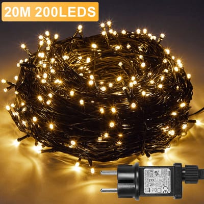 Rosnek LED Kerstverlichting Binnen/Buiten - 20M 200LEDs Warm Wit Lichtsnoer - met 8 modi, Timer & Geheugenfunctie - Koppelbaar - IP44 Waterdicht Kerstboomverlichting voor Tuin, Feest & Huis