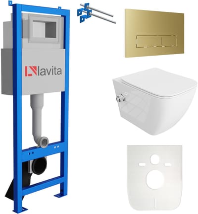 LAVITA® Inbouwreservoir Complete Toiletset LAV 101 - Inbouw WC Hangtoilet Wandcloset PARANA Wit Hoogglans - Bedieningsplaat 200.3.5 Gouden - Voorwandelement voor toilet 40cm - Installatiesysteem