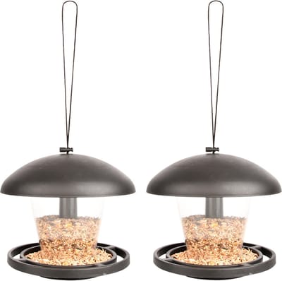 2x stuks kunststof vogel voedersilos 16 cm aan hanger - Voederbak/voederschaal van kunststof