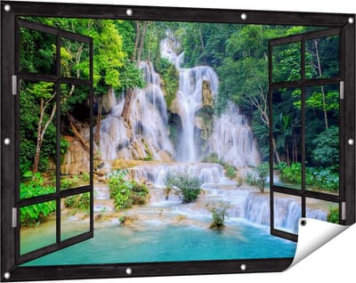 Gards Tuinposter Doorkijk Waterval in het Tropische Natuur - 120x80 cm - Tuindoek - Tuindecoratie - Wanddecoratie buiten - Tuinschilderij