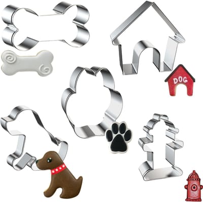 Uitsteekvormpjes Set met Honden Thema: Hond, Bot, Hondenhok, Hondenpootje & Brandkraan - RVS vormen voor koekjesdeeg, fondant, kaas etc.