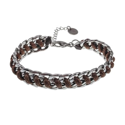 17cm tot 20cm Armband Dames - Bruin Armband - Gepolijst RVS - Cubaanse Schakelsarmband met Bruin Koord - Verstelbaar