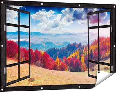 Gards Tuinposter Doorkijk Kleurrijke Herfstbos met Heuvellandschap - 120x80 cm - Tuindoek - Tuindecoratie - Wanddecoratie buiten - Tuinschilderij
