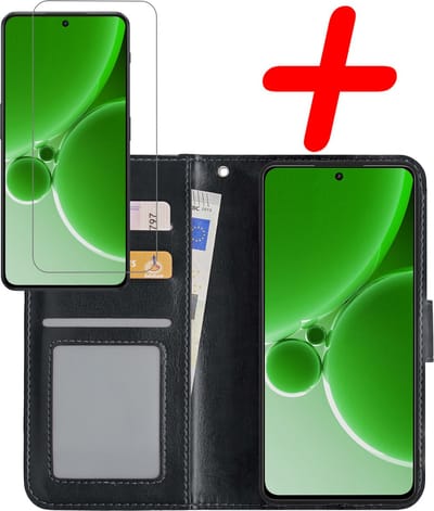 Hoesje Met Screenprotector - Geschikt voor OnePlus Nord 3 - Luxe Pasjeshouder - Bookcase Portemonee - Flip Case - Kunstleer Book Case - Flipcase - Book Cover - Walletcase - Portemonneehoes - Zwart
